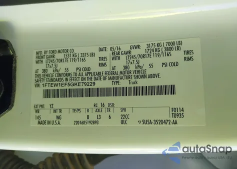 2016 Ford F-150 Xl z USA, uszkodzony, nr VIN 1FTEW1EF5GKE79229